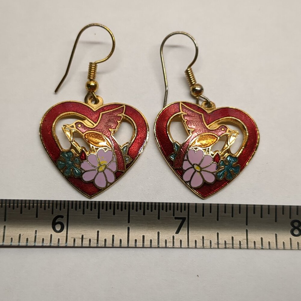 Cloissone Heart and Bird Earrings - Picture 4 of 6